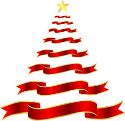 Red ribbon in Christmas tree shape. Red ribbon with gold stripes. Merry Christmas and happy new year.