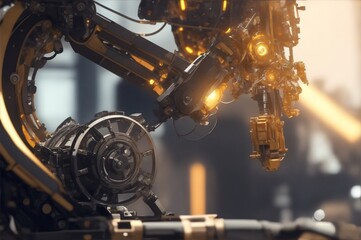 A robotic arm delicately assembling a complex machine, its intricate parts gleaming in the light of innovation.Created with generative AI