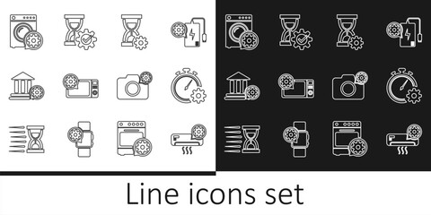Set line Air conditioner setting, Time management, Hourglass, Microwave oven, Bank building, Washer, Photo camera and icon. Vector