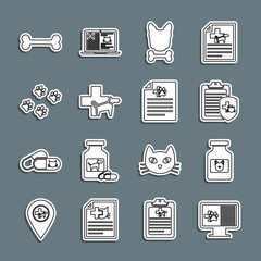Set line Clinical record pet on monitor, Dog medicine bottle, and bone, Veterinary clinic, Paw print, and Medical certificate for dog cat icon. Vector