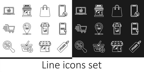 Set line Price tag with Free, Mobile and shopping cart, Handbag, Location, Shopping, basket laptop, and Market store icon. Vector
