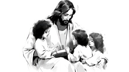 Pencil drawing of Jesus with Children