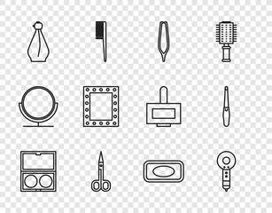 Set line Makeup powder with mirror, Hair dryer, Eyebrow tweezers, Scissors, Perfume, lights, Bar of soap and Nail file icon. Vector
