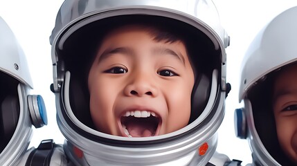 Three children pretending to be an astronaut wearing a space helmet isolated on white background. Happy children smile and wearing astronaut helmet.