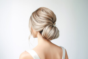 a young woman chignon hairstyle, accentuated by a striking accessory, creating a timeless and sophisticated beauty.