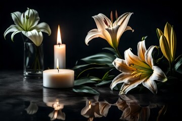 Obraz na płótnie Canvas Beautiful lily and burning candle on dark background with space for text. Funeral white flowers