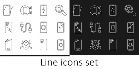 Set line System bug on mobile, Mobile with broken screen, charging battery, USB cable cord, Glass protector, shield and Phone repair service icon. Vector