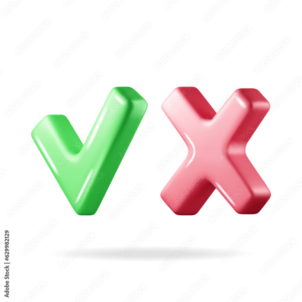 Poster 3d right and wrong button shape. green yes and red no correct incorrect sign. checkmark tick rejecti
