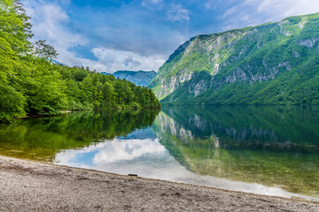 A view of reflections in the waters of lake Bohinj, Slovenia in summertime