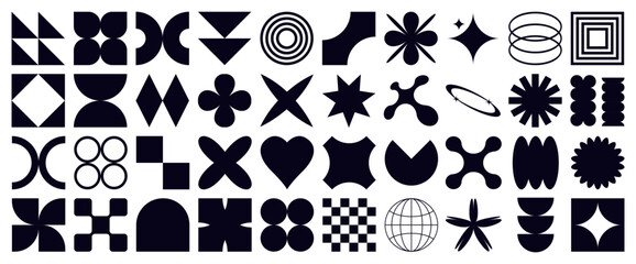Big vector set of brutalist geometric shapes. Trendy abstract minimalist figures, stars, flowes, circles. Modern abstract graphic design elements.Vector