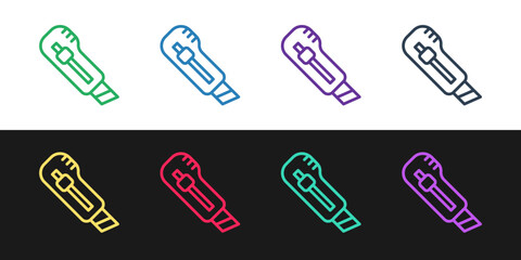 Set line Stationery knife icon isolated on black and white background. Office paper cutter. Vector
