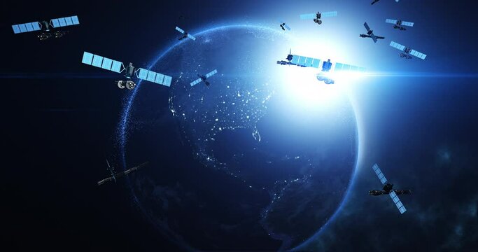Satellites Enabling Global Telecommunication and High-Speed Internet. Flying Around Planet Earth. Industry And Technology Related 3D Animation.