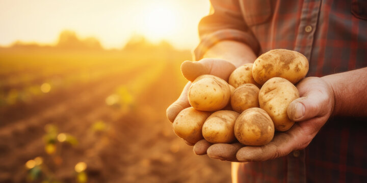 close up of farmer holding potatoes in hands on harvest field background at sunset. banner with copy space
