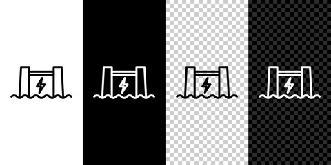Set line Hydroelectric dam icon isolated on black and white, transparent background. Water energy plant. Hydropower. Hydroelectricity. Vector