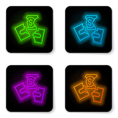 Glowing neon line Tearing apart money banknote into three peaces icon isolated on white background. Black square button. Vector