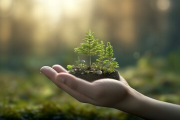 hands hold plants and soil for planting trees, environmental conservation concept Protect and preserve resources plant trees to reduce global warming. conservation of natural forests. Generative AI