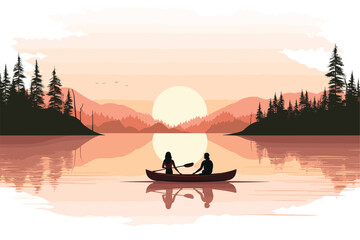 Couple boating on a quiet lake vector flat isolated illustration