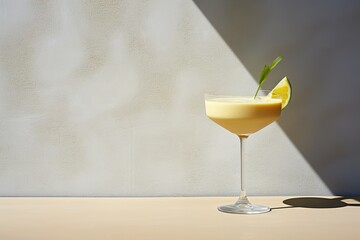 Glass of freshly made banana daiquiri cocktail with lime on gray concrete wall background