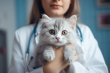 Veterinarian woman holding cute adorable fluffy kitten in pet clinic - obrazy, fototapety, plakaty