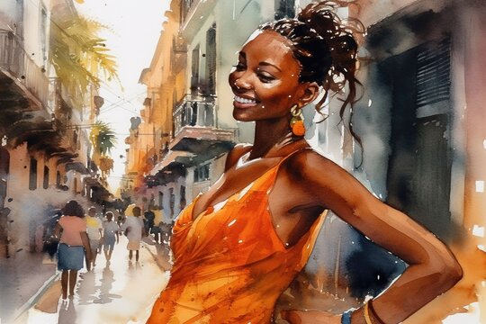 Watercolor image of a beautiful Cuban woman dancing in the city streets