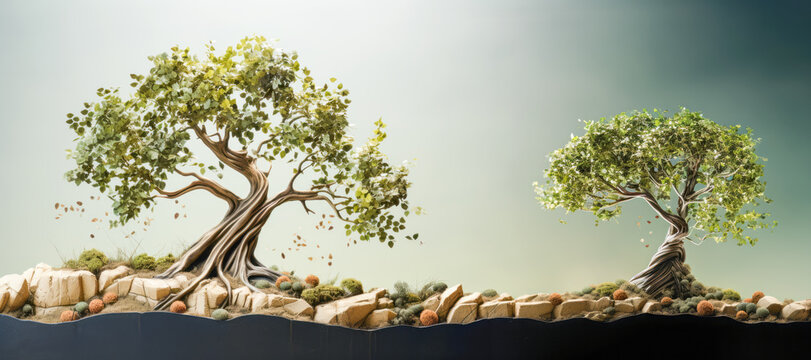 An isolated small bonsai tree, showcasing its intricate growth and delicate green leaves against a simple background, evoking the art of gardening.