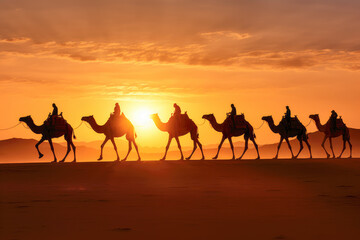 breathtaking view of a camel caravan riding through the Moroccan desert at sunset, creating stunning silhouettes against the colorful sky.