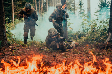 Modern warfare soldiers surrounded by fire fight in dense and dangerous forest areas