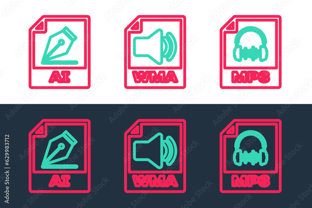 Poster Set line MP3 file document, AI and WMA icon. Vector