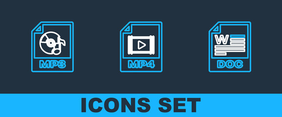 Set line DOC file document, MP3 and MP4 icon. Vector