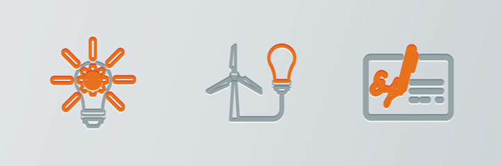 Set line Signed document, Light bulb with gear and wind turbine icon. Vector