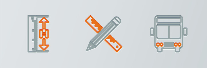 Set line Bus, Measuring height and length and Crossed ruler pencil icon. Vector