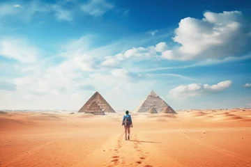 Foto op Canvas In Egypt, a tourist and traveler explore the ancient history and breathtaking architecture of the pyramids in Giza. © EdNurg