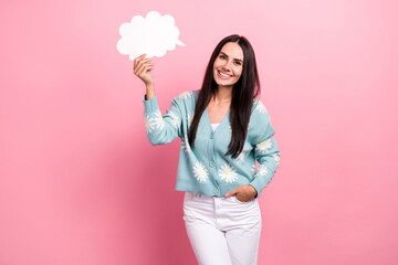 Photo of funky thoughtful woman dressed blue cardigan rising mind bubble empty space isolated pink color background