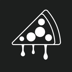 Flat black white pizza icon on black background.