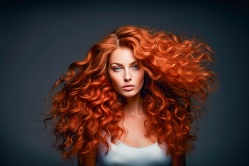 Fototapeta premium A stunning model with bright red curly hair, showcasing the beauty and glamour of her unique hairstyle.
