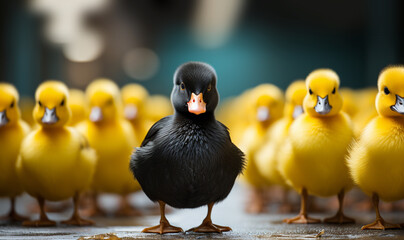 One black duck in a row of yellow ducks,Diversity concept, Standing out of the crowd. Cute animal backgroud concept - obrazy, fototapety, plakaty