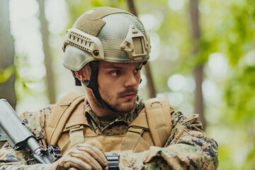 American marine corps special operations soldier preparing tactical and commpunication gear for action battle closeup