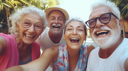 Feliz grupo de idosos sorrindo para a câmera ao ar livre - Amigos mais velhos tirando foto de selfie com dispositivo de telefone móvel inteligente - Conceito de estilo de vida com aposentados se diver - obrazy, fototapety, plakaty