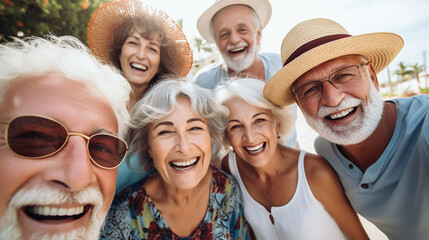 Feliz grupo de idosos sorrindo para a câmera ao ar livre - Amigos mais velhos tirando foto de selfie com dispositivo de telefone móvel inteligente - Conceito de estilo de vida com aposentados se diver - obrazy, fototapety, plakaty