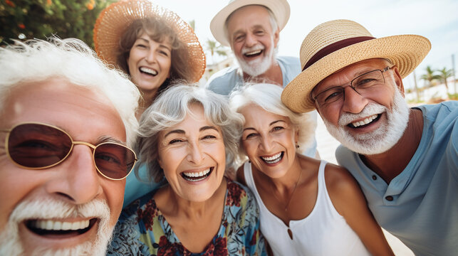 Feliz grupo de idosos sorrindo para a c&acirc;mera ao ar livre - Amigos mais velhos tirando foto de selfie com dispositivo de telefone m&oacute;vel inteligente - Conceito de estilo de vida com aposentados se diver