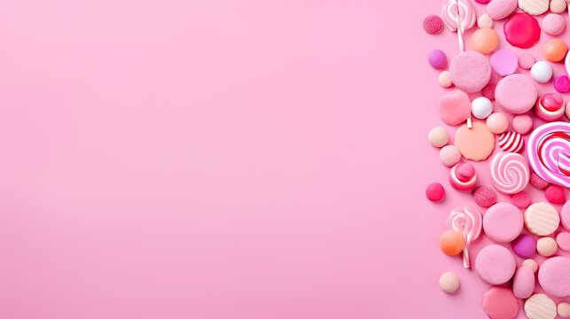 Mixed collection of colorful candy, on pink background shot on top view