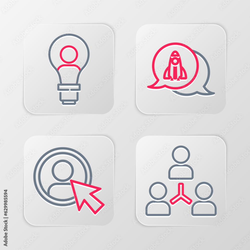 Poster set line project team base, create account screen, startup project concept and head with lamp bulb i