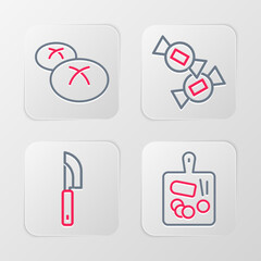 Set line Cutting board, Knife, Candy and Bread loaf icon. Vector