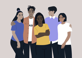 A diverse and inclusive environment is depicted as a group of teenagers embracing each other warmly