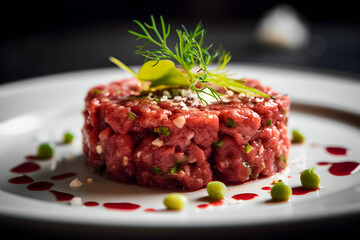 beef tartare with lime and green sauce on a black plate on a black blurred background. snack menu. 