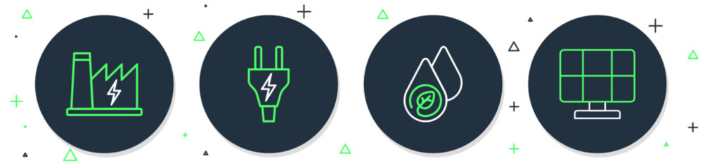 Set line Electric plug, Water energy, Nuclear power plant and Solar panel icon. Vector