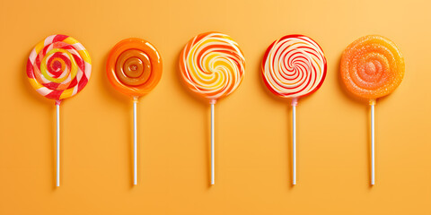 Row of colorful lollipops isolated on orange background