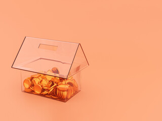 Glass piggy bank in the form of a house with gold coins inside 3d render image