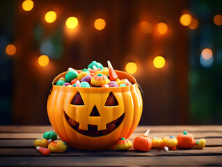 Trick or treat with sweet candies in a Halloween pumpkin bouquet, in a halloween celebration mood