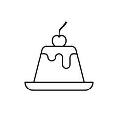 Pudding topped with cherry on plate line icon. Fresh dessert illustration of a piece of caramel pudding topped with cherry. Coloring book for children. 